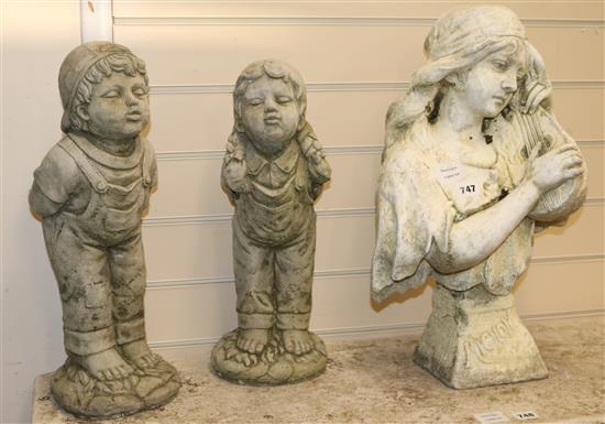Two reconstituted stone figures of a girl and a boy, and another of a girl with a mandolin (3)